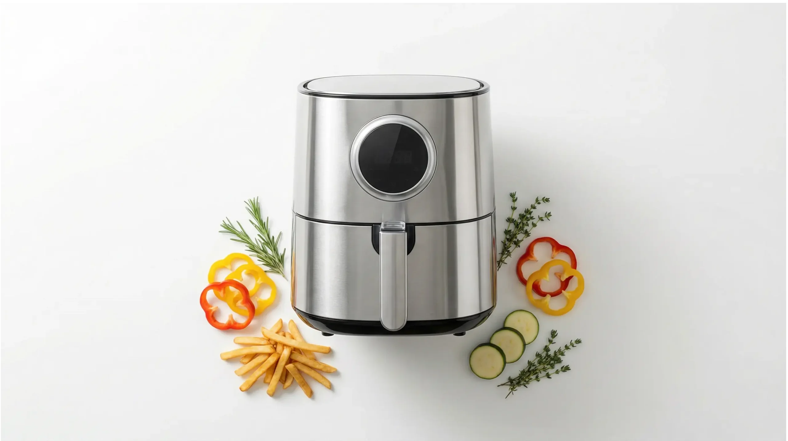 Image hero Friteuse.ca – Friteuse à air Friteuse.ca – Air fryer en acier inoxydable avec légumes frais