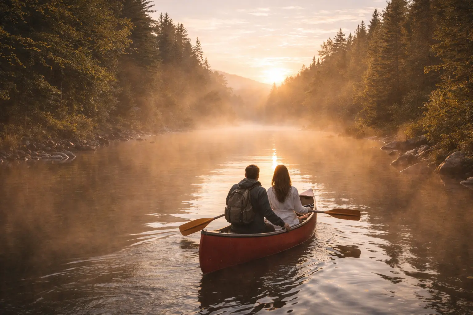 Forfait romantique aventure en Mauricie Couple en canot sur une rivière en forêt dans un forfait romantique en Mauricie