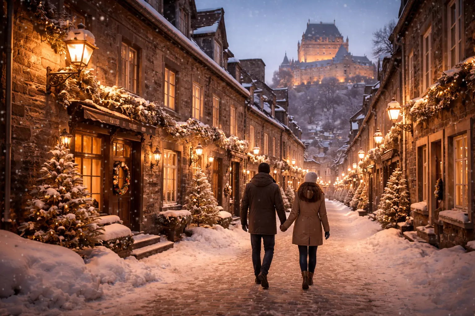 Forfait romantique au Vieux-Québec Forfait romantique dans le Vieux-Québec avec hôtel historique et rues enneigées