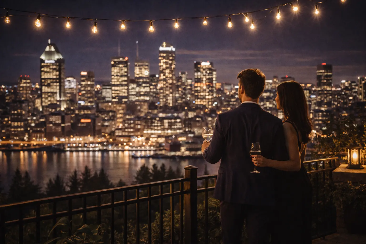 Forfait romantique urbain à Montréal Couple sur un rooftop romantique avec vue sur le centre-ville de Montréal