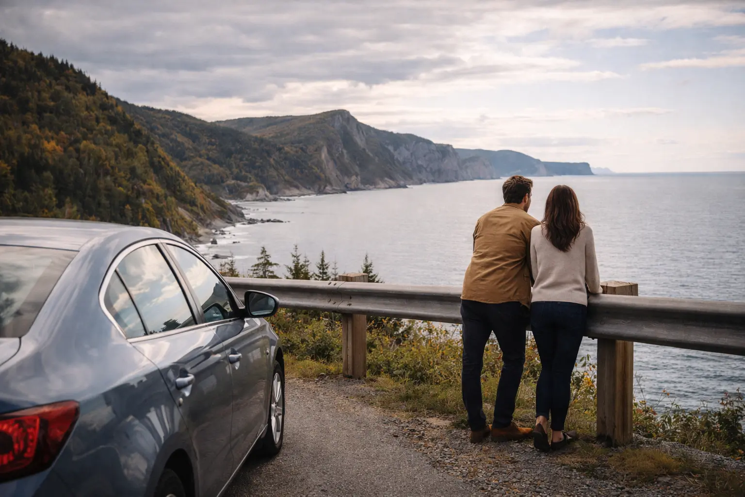 Forfait road trip romantique en Gaspésie Route panoramique en Gaspésie avec couple observant le fleuve dans un road trip romantique